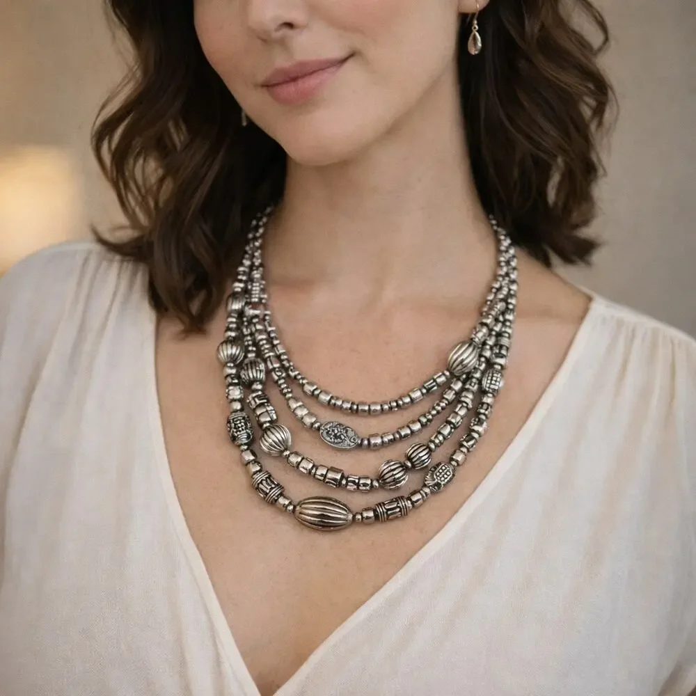 Chico's Silver Turtle Stamped Triple Strand Necklace